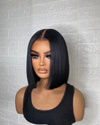 Black sleek straight bob lace front wig, middle part, 10 inch — real product photo