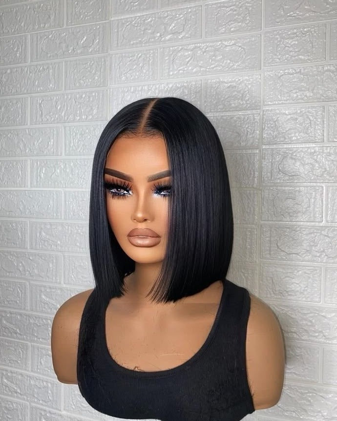 Black sleek straight bob lace front wig, middle part, 10 inch — real product photo
