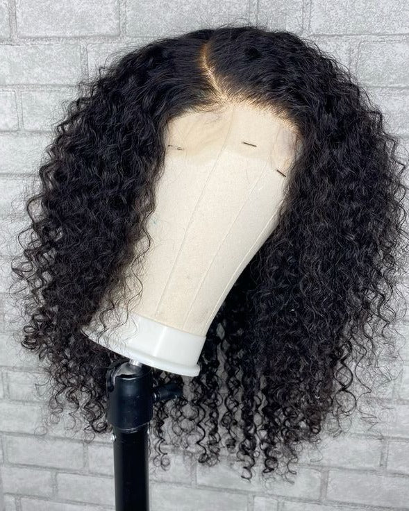 Bouclette kinky curly glueless wig on mannequin, 14 inch