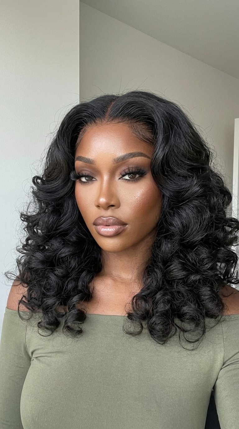 Velours black bouncy loose curls wig, 16 inch