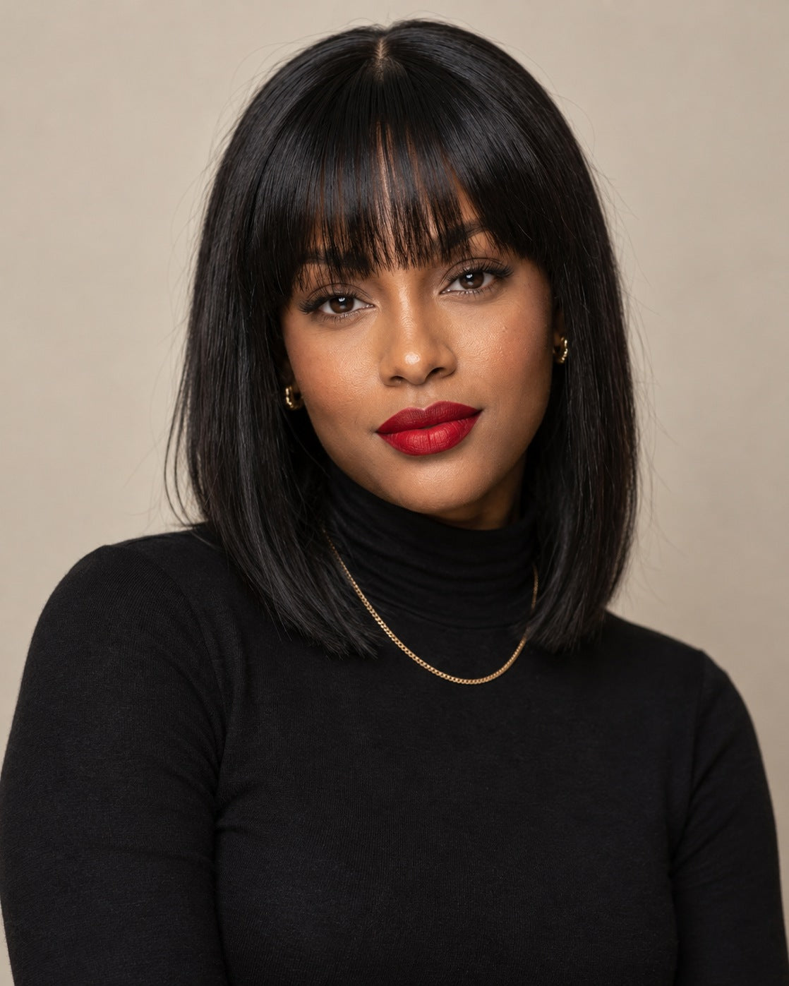 Saint-Germain jet black straight bob wig with bangs, 12 inch — worn